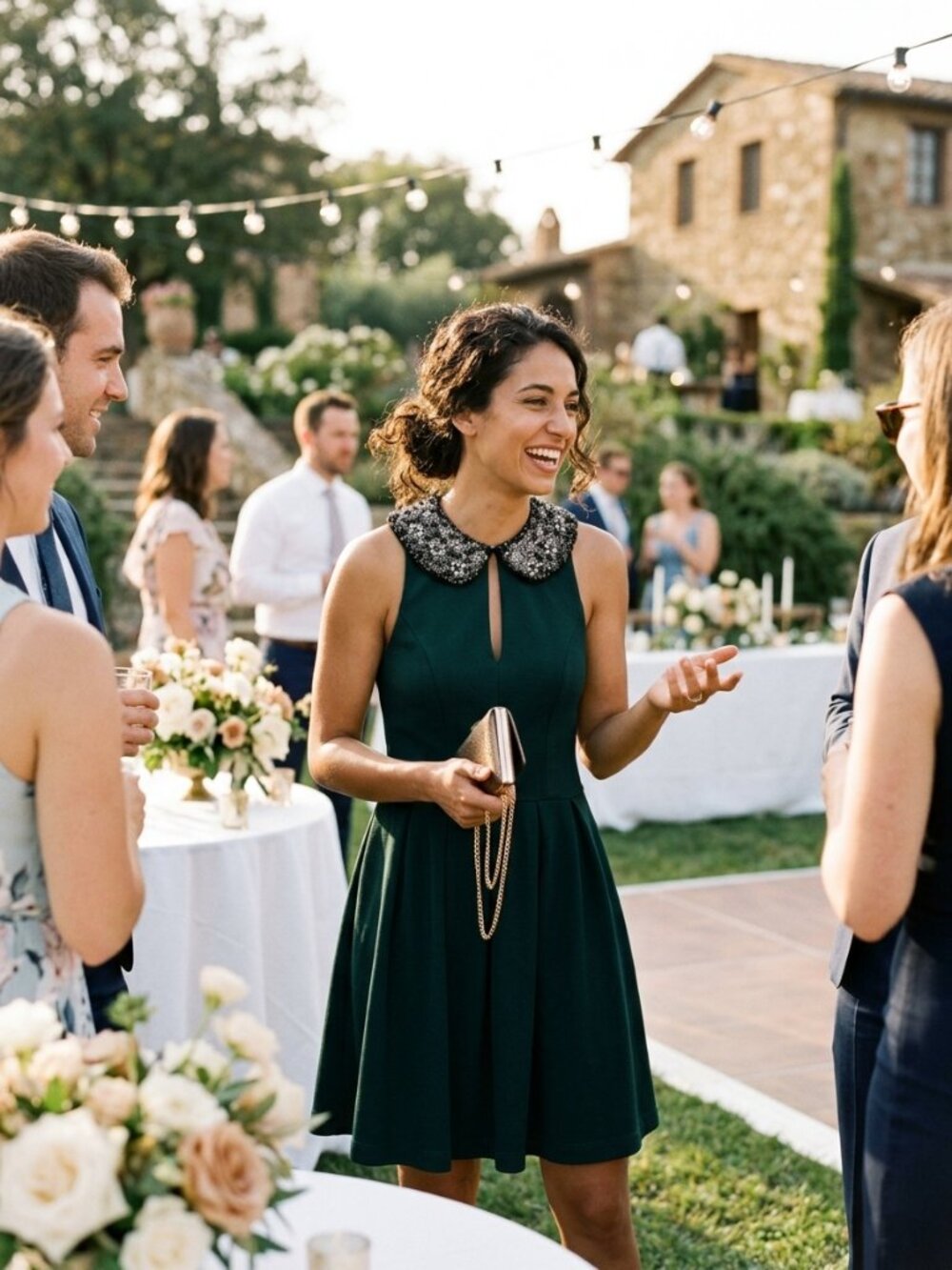 Teal cocktail dress with beaded collar